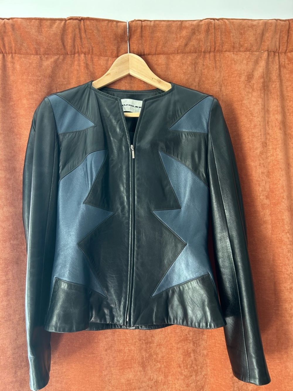 Vintage 90s Mugler Women’s Black & Blue Leather Zip-Front Jacket